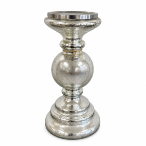 Decorative silver mercury glass pedestal candle holder with rounded center and classic sculpted base.