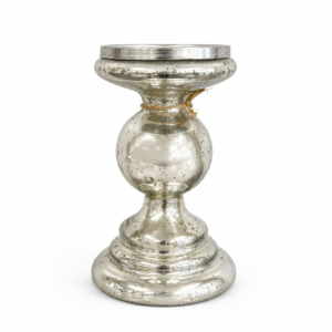 Decorative silver mercury glass pedestal candle holder with rounded center and classic sculpted base.
