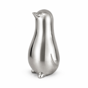 Modern penguin decorative figurine featuring a smooth polished silver finish and minimalist sculptural design.