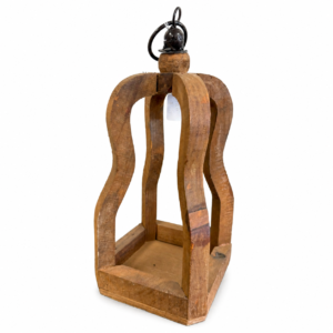 Natural wood decorative lantern with open-frame design and black metal hanging ring.