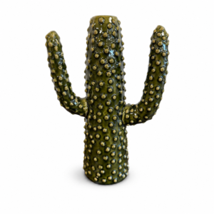 Decorative green ceramic cactus sculpture with raised textured details and a glossy finish.
