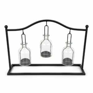 Black metal decorative stand featuring three hanging clear glass bottles with candle holders.