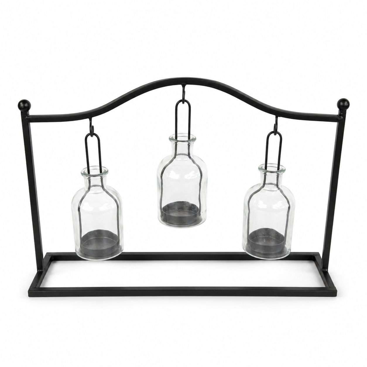 Black metal decorative stand featuring three hanging clear glass bottles with candle holders.