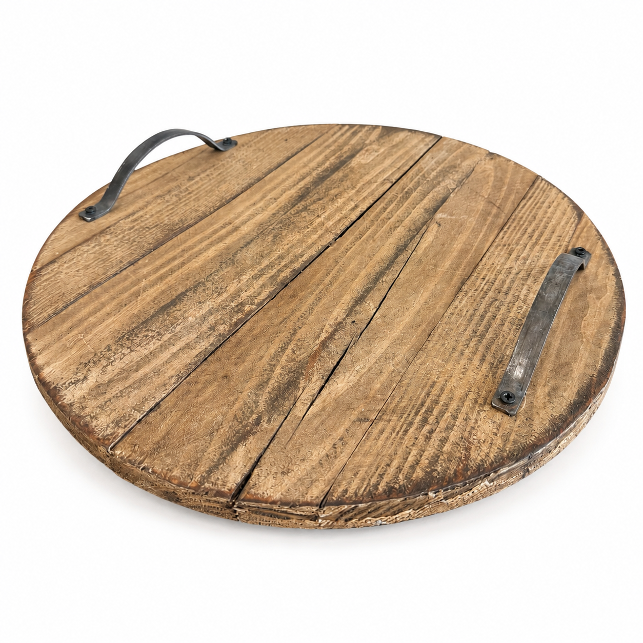 Round wood serving tray with natural distressed finish and two dark metal handles.