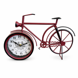 Decorative vintage-style red bicycle table clock with black accents and a classic clock face.