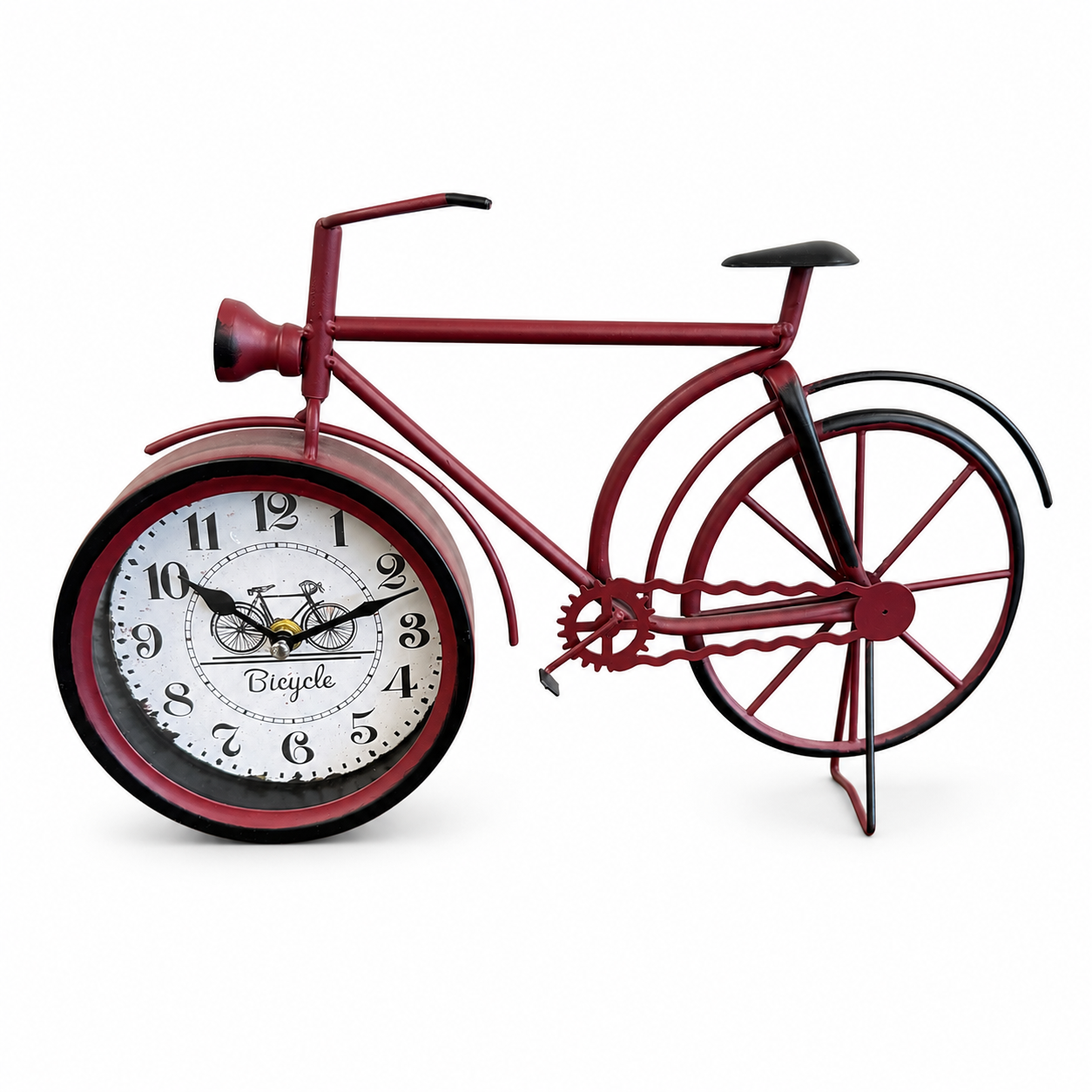 Decorative vintage-style red bicycle table clock with black accents and a classic clock face.