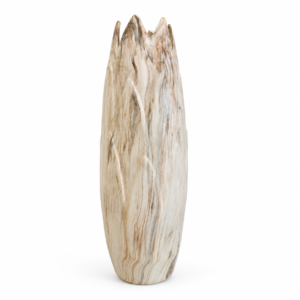 Tall ivory decorative vase with flowing brown and gray marbled accents and an organic sculpted rim.