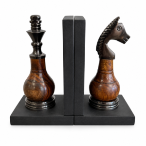 Decorative chess bookend set featuring a knight and king chess piece design with warm wood tones and black accents.