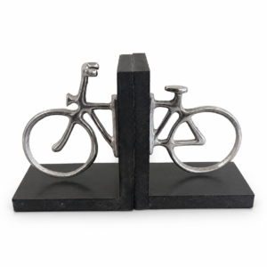Decorative bicycle bookend set featuring silver metal bicycle designs mounted on black bases.