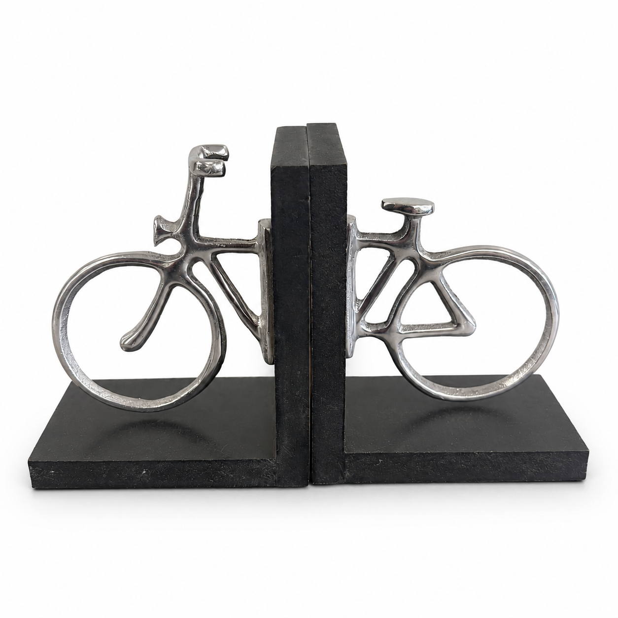 Decorative bicycle bookend set featuring silver metal bicycle designs mounted on black bases.